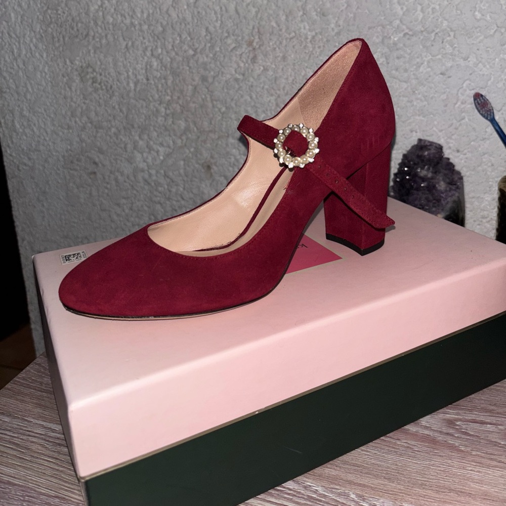 Kate Spade Mara Burgundy Mary Jane Heels with Pearl Buckle